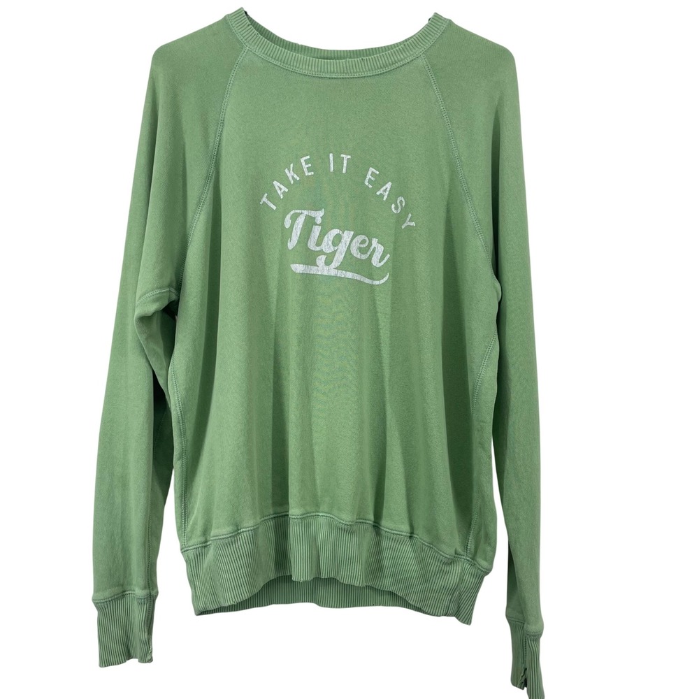 Aerie Oversized XS Sweatshirt Green Take It Easy Tiger Graphic Distressed Raglan